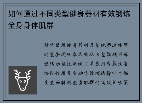 如何通过不同类型健身器材有效锻炼全身身体肌群