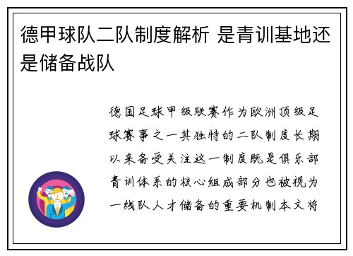 德甲球队二队制度解析 是青训基地还是储备战队
